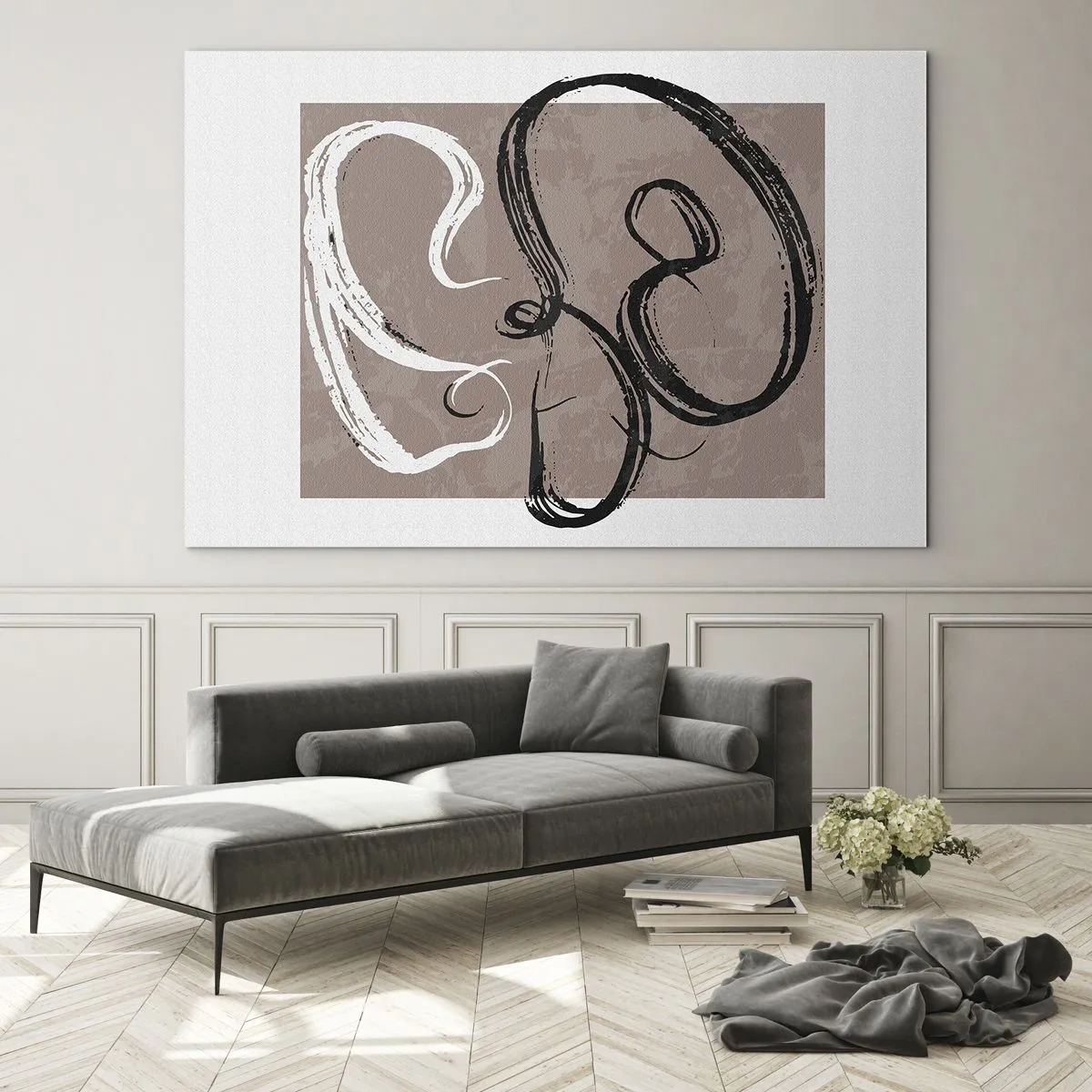 Obraz na skle - Dynamické tahy štětcem v černé a bílé barvě na béžovém pozadí. - 70x50cm - Kompozice – hledání úplnosti - Moderní nástěnná dekorace do obývacího pokoje a ložnice ARTTOR