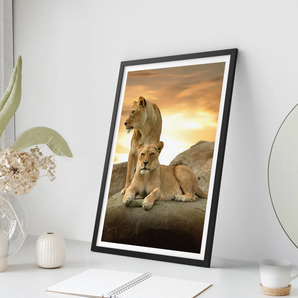 Plakát v černém rámu - Dvě lvice proti zapadajícímu slunci - 50x70cm - Královský majestát - Moderní nástěnná dekorace do obývacího pokoje a ložnice ARTTOR