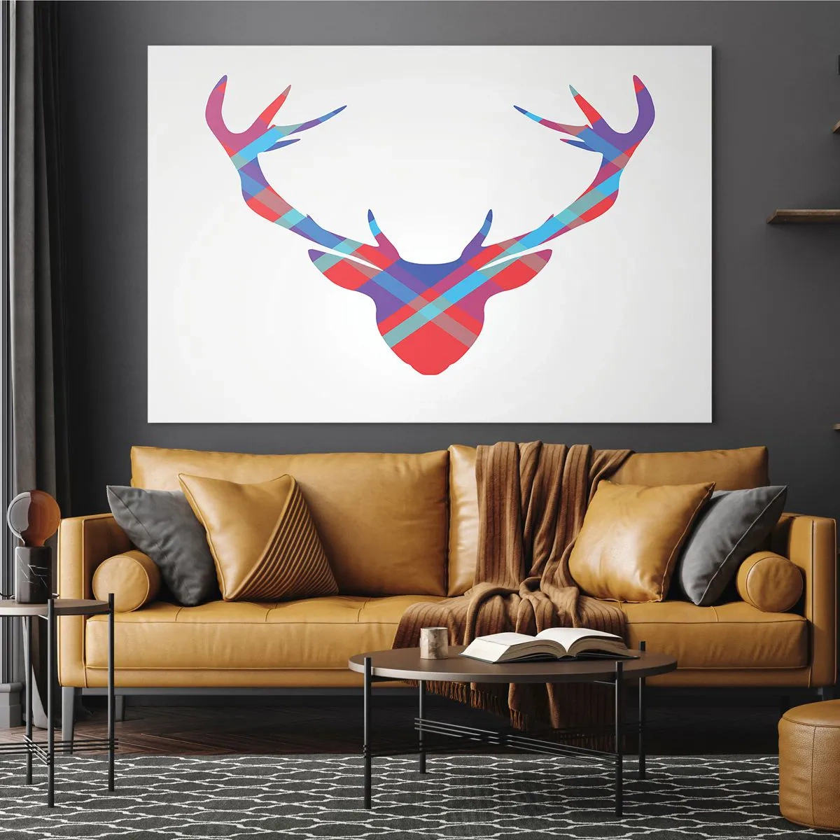 Obraz na skle - Geometrický obraz jelena v pastelových barvách - 70x50cm - Skotský jelen - Moderní nástěnná dekorace do obývacího pokoje a ložnice ARTTOR