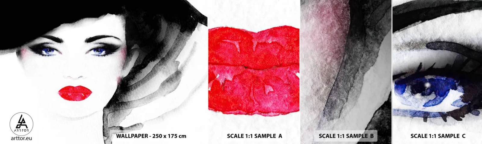 Fototapeta Vzorek Standard Eco - Odhání a přivolává - ženská tvář, červené rty, Modré oči - 100x30 cm