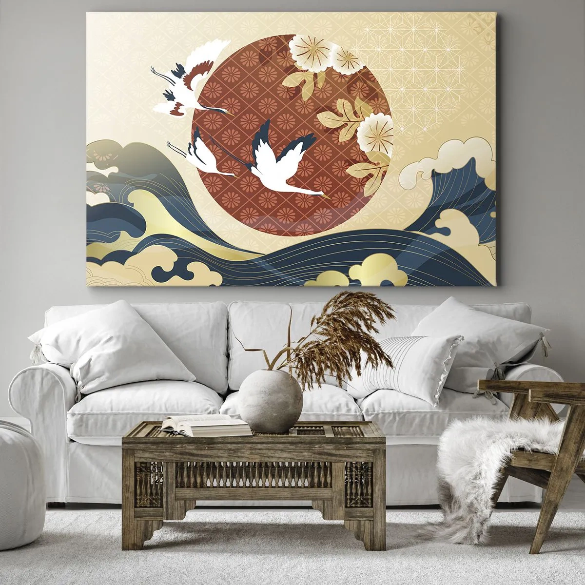 Obraz na plátně - Japonská kompozice s jeřáby a vlnami - 70x50cm - Japonská pohádka - Moderní nástěnná dekorace do obývacího pokoje a ložnice ARTTOR