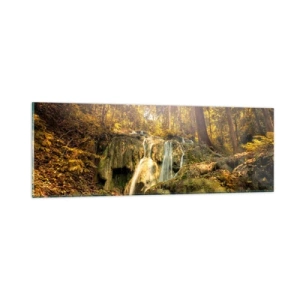 Obraz na skle - Lesní vodopád v zelené - 90x30 cm