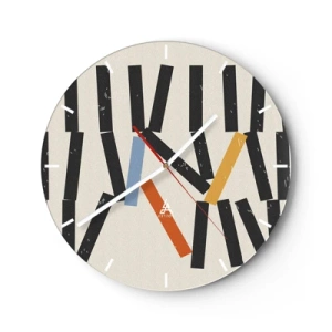 Nástěnné hodiny - Barevné a černé domino kostky na světlém pozadí v grafickém rozvržení - 30x30cm - Domino – kompozice - Moderní nástěnná dekorace do obývacího pokoje, kuchyně a ložnice ARTTOR
