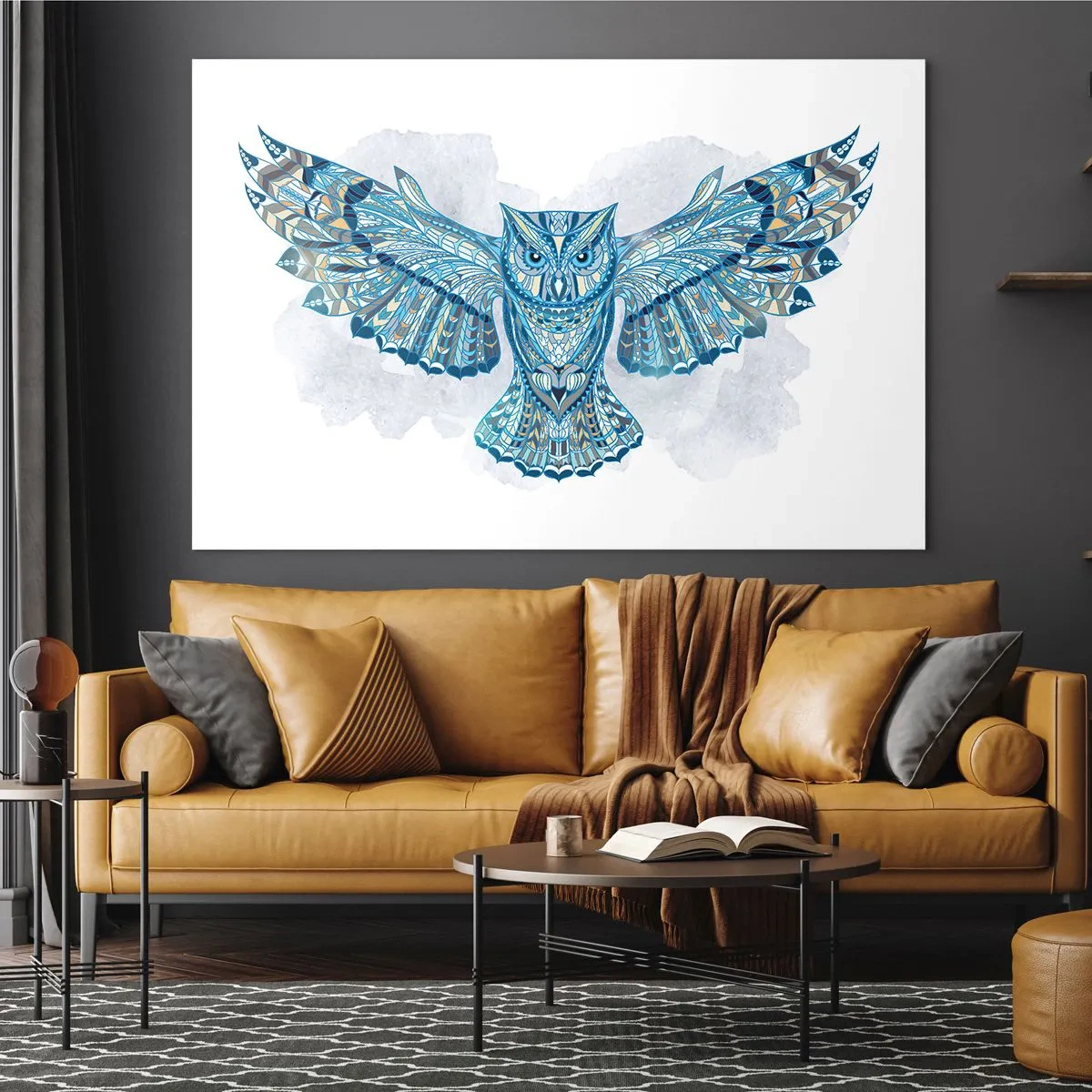 Obraz na skle - Modrá sova s roztaženými křídly v geometrickém stylu - 70x50cm - Z keltského posvátného háje - Moderní nástěnná dekorace do obývacího pokoje a ložnice ARTTOR