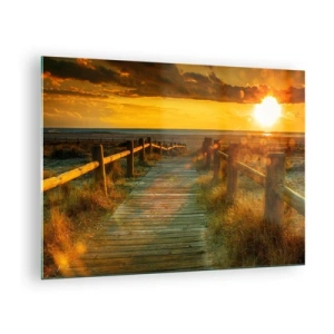 Obraz na skle - Dřevěná cesta vedoucí k zapadajícímu slunci - 70x50cm - Vykoupané ve starém zlatě - Moderní nástěnná dekorace do obývacího pokoje a ložnice ARTTOR
