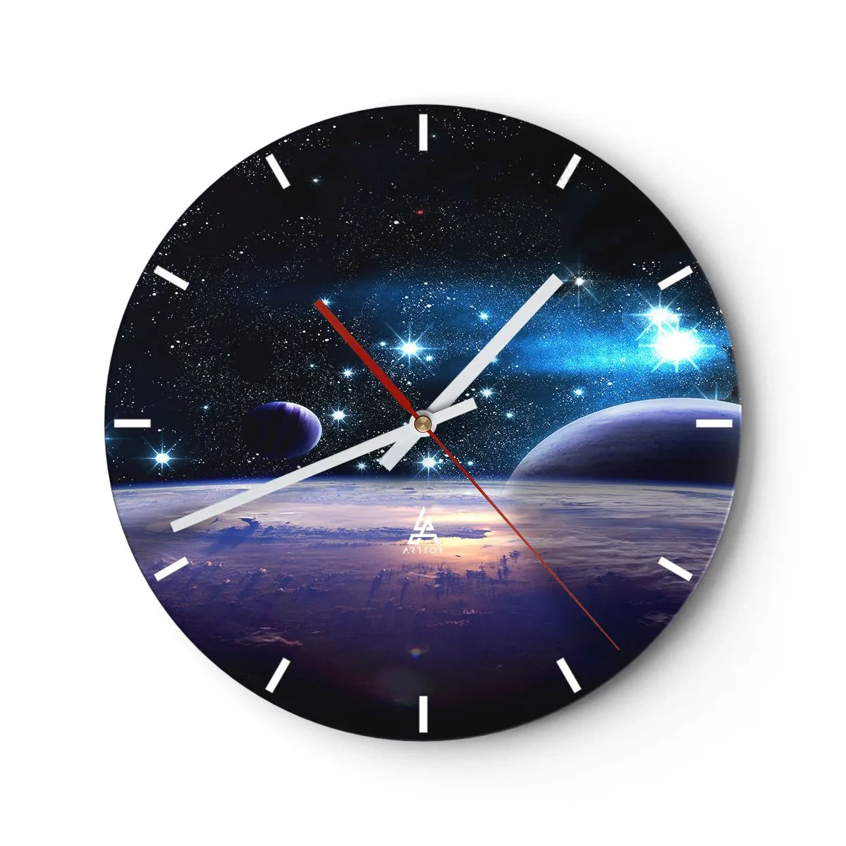 Nástěnné hodiny - Vesmír s hvězdami, planetami a planetárním povrchem s atmosférou - 30x30cm - Stále sami? - Moderní nástěnná dekorace do obývacího pokoje, kuchyně a ložnice ARTTOR