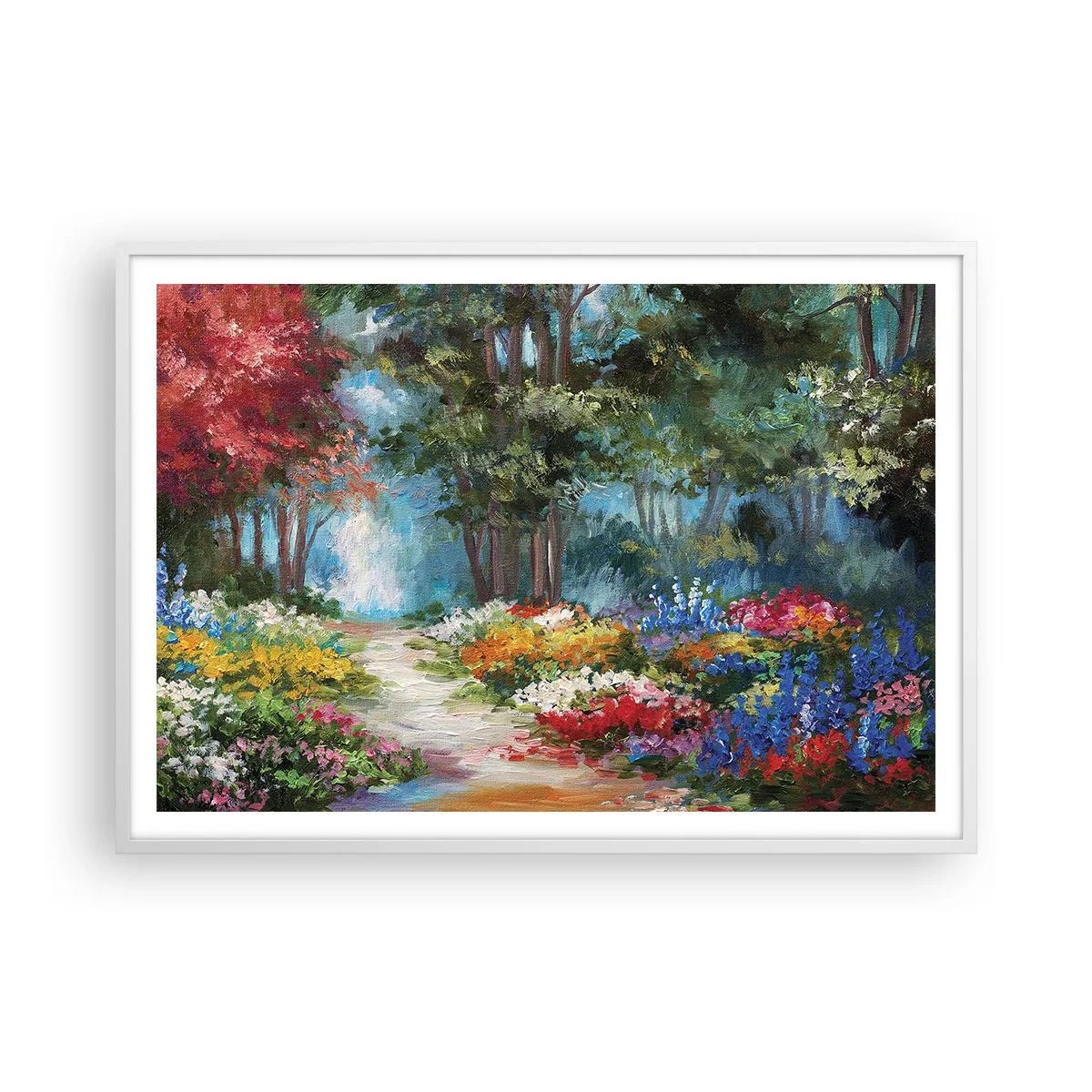 Plakát v bílém rámu - Lesní zahrada, květinový les - 100x70 cm