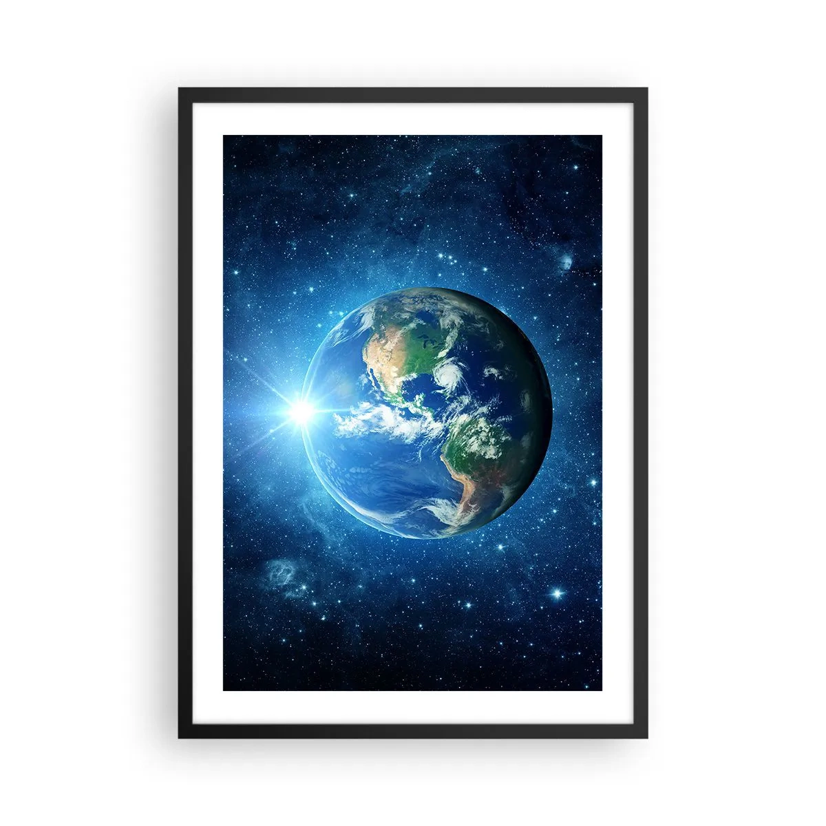 Plakát v černém rámu - Pohled na Zemi z vesmíru na pozadí hvězd - 50x70cm - Jsme v nebi - Moderní nástěnná dekorace do obývacího pokoje a ložnice ARTTOR