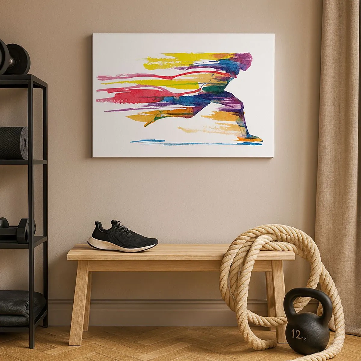 Obraz na plátně - Běžec v abstraktních barvách symbolizující dynamiku a energii - 70x50cm - Duhový běh - Moderní nástěnná dekorace do obývacího pokoje a ložnice ARTTOR