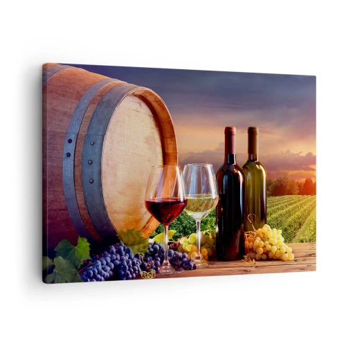 Obraz na plátně - Víno, sklenice a sud v malebné krajině - 70x50cm - Tady má život chuť - Moderní nástěnná dekorace do obývacího pokoje a ložnice ARTTOR
