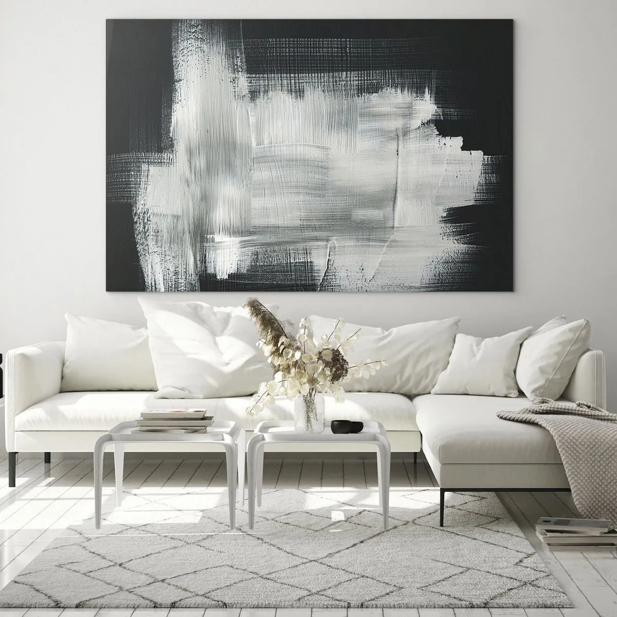 Obraz na skle - Minimalistická abstrakce v černé a bílé - 70x50cm - Utkané svisle a vodorovně - Moderní nástěnná dekorace do obývacího pokoje a ložnice ARTTOR