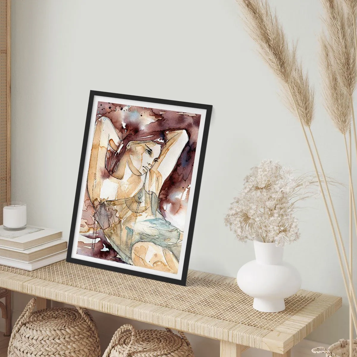 Plakát v černém rámu - Umělecká silueta ženy v odstínech hnědé - 50x70cm - V náladě lila - Moderní nástěnná dekorace do obývacího pokoje a ložnice ARTTOR