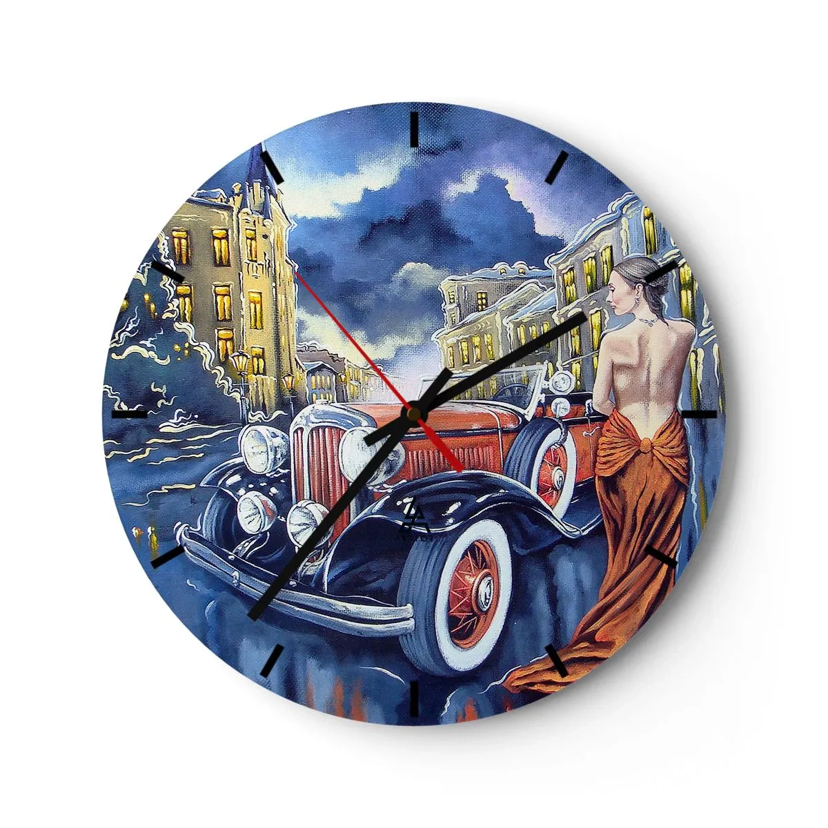 Nástěnné hodiny - Žena v oranžových šatech vedle retro auta s městem v pozadí. - 30x30cm - Nokturno v modré a korálové - Moderní nástěnná dekorace do obývacího pokoje, kuchyně a ložnice ARTTOR