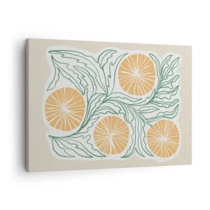 Obraz na plátně - Minimalistický oranžový motiv se zelenými listy - 70x50cm - Etnický s abstraktním nádechem - Moderní nástěnná dekorace do obývacího pokoje a ložnice ARTTOR