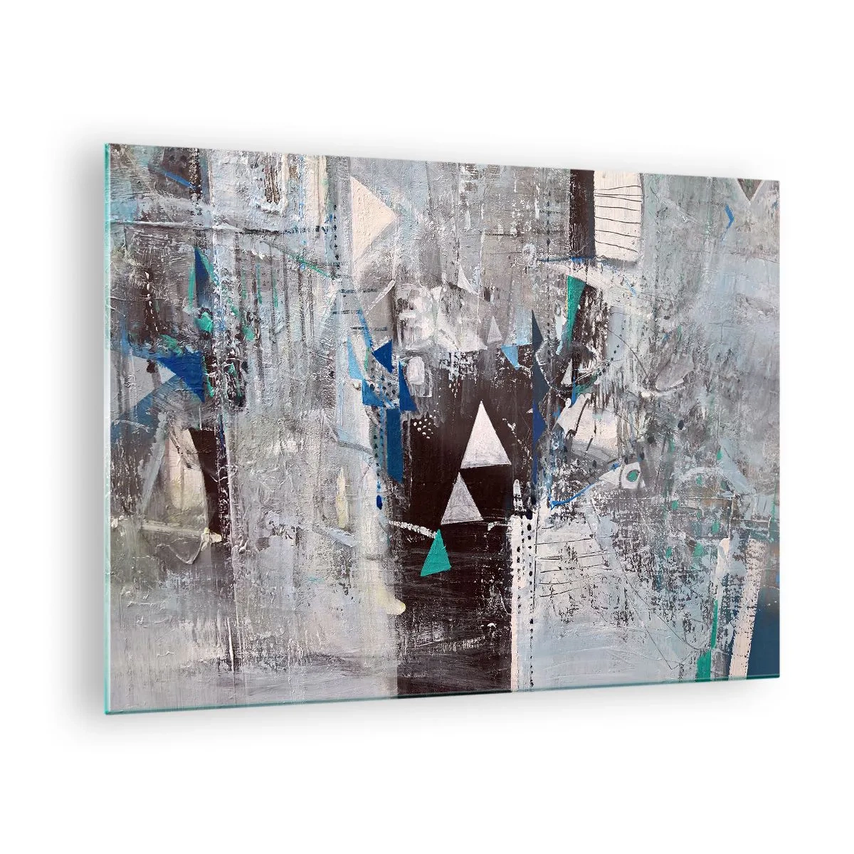 Obraz na skle - Geometrické trojúhelníky na pozadí abstraktní kompozice v odstínech šedé. - 70x50cm - Přednostní pořadí trojúhelníků - Moderní nástěnná dekorace do obývacího pokoje a ložnice ARTTOR