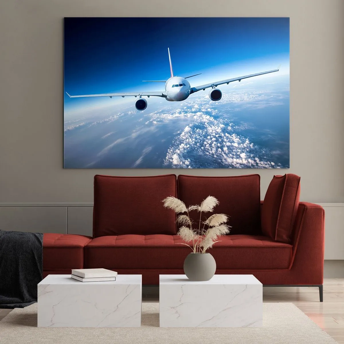 Obraz na skle - Osobní letadlo proti modré obloze a mrakům - 70x50cm - Letím protože chci - Moderní nástěnná dekorace do obývacího pokoje a ložnice ARTTOR