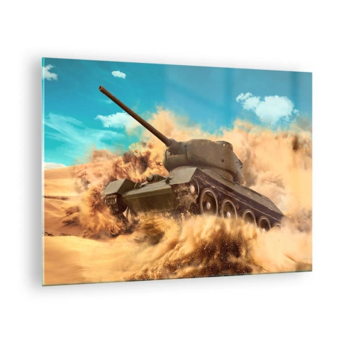 Obraz na skle - Tank v pohybu v poušti s létajícím prachem a jasnou oblohou - 70x50cm - Nedá se porazit - Moderní nástěnná dekorace do obývacího pokoje a ložnice ARTTOR