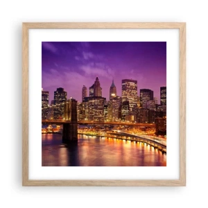 Plakát v rámu světlý dub - Fialovo-zlatý Manhattan - 40x40 cm