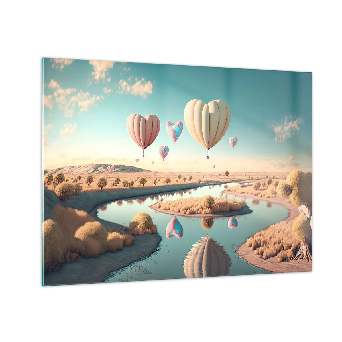 Obraz na skle - Balónky ve tvaru srdce nad pohádkovou krajinou s řekou - 70x50cm - Láska tě nechá vzlétnout - Moderní nástěnná dekorace do obývacího pokoje a ložnice ARTTOR