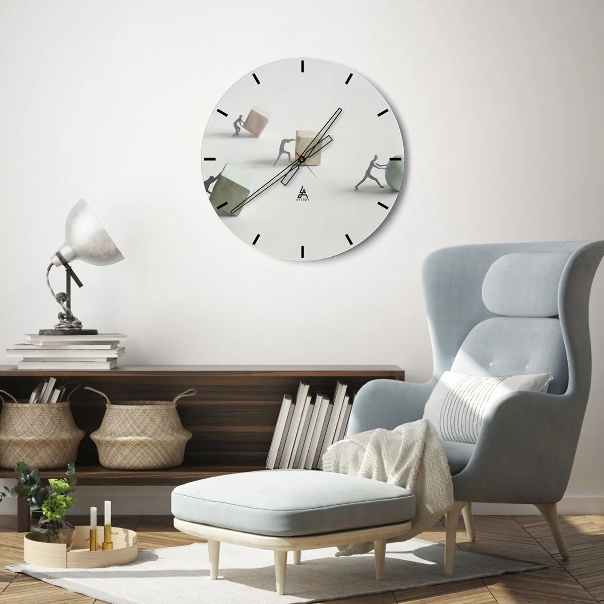 Nástěnné hodiny - Postavy tlačící kostky a míč symbolizující úsilí - 30x30cm - Život samotný - Moderní nástěnná dekorace do obývacího pokoje, kuchyně a ložnice ARTTOR