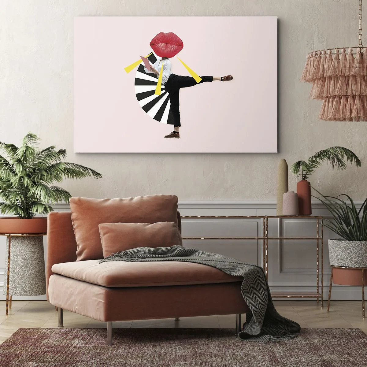 Obraz na plátně - Surrealistická postava s ústy a geometrickými prvky - 70x50cm - Surrealistický pop-art - Moderní nástěnná dekorace do obývacího pokoje a ložnice ARTTOR