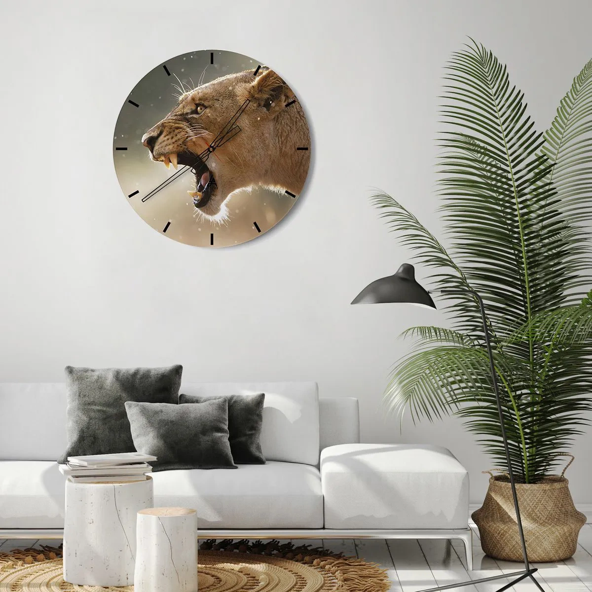Nástěnné hodiny - Řvoucí lvice na pozadí osvětlené přírody - 30x30cm - Snaž se neposlouchat - Moderní nástěnná dekorace do obývacího pokoje, kuchyně a ložnice ARTTOR