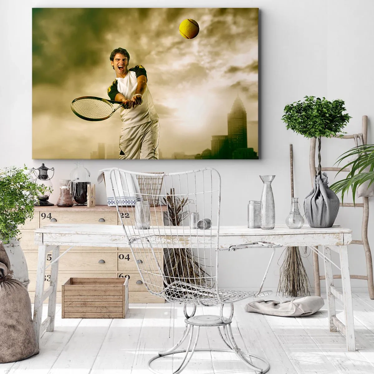 Obraz na plátně - Tenista v akci během hry na pozadí městské krajiny - 70x50cm - Energie a radost - Moderní nástěnná dekorace do obývacího pokoje a ložnice ARTTOR