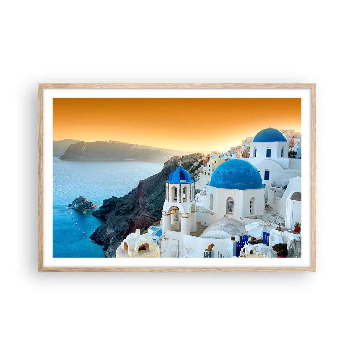 Plakát v rámu světlý dub - Santorini - přitulené ke skalám - 91x61 cm