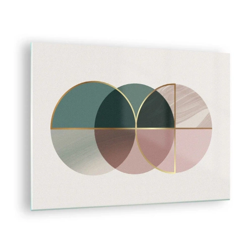 Obraz na skle - Geometrické tvary s odstíny zelené a růžové na světlém pozadí - 70x50cm - Kruhy… - Moderní nástěnná dekorace do obývacího pokoje a ložnice ARTTOR