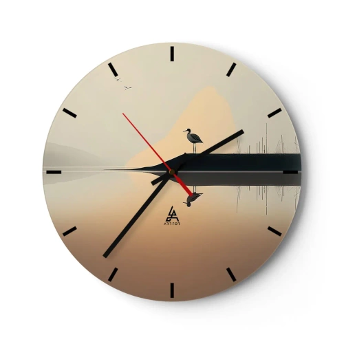 Nástěnné hodiny - Silueta ptáka na skále nad klidným jezerem za úsvitu - 30x30cm - Pán na jezeře - Moderní nástěnná dekorace do obývacího pokoje, kuchyně a ložnice ARTTOR