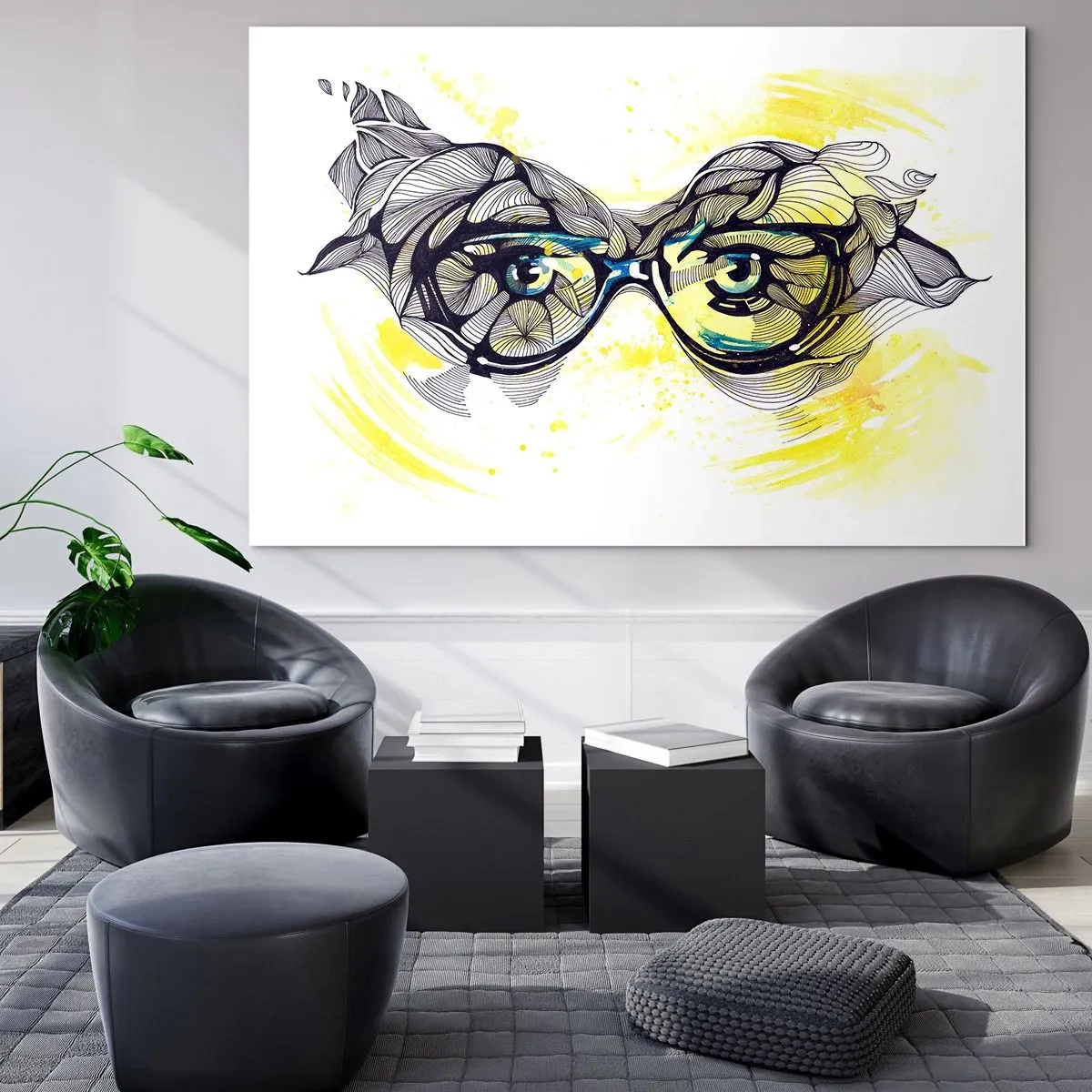 Obraz na skle - Brýle s uměleckými vzory a očima na žlutém pozadí - 70x50cm - Přes modré brýle - Moderní nástěnná dekorace do obývacího pokoje a ložnice ARTTOR