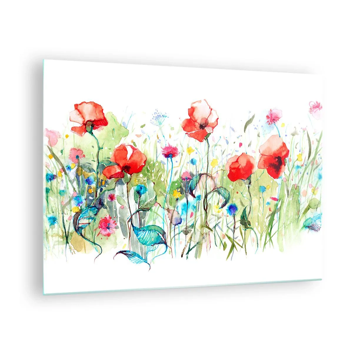 Obraz na skle - Barevné máky a divoké květiny ve stylu akvarelu - 70x50cm - Kvetoucí louka v květnu - Moderní nástěnná dekorace do obývacího pokoje a ložnice ARTTOR