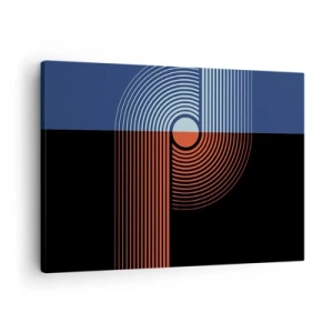Obraz na plátně - Geometrická abstrakce s linkami v tmavě modré a oranžové barvě. - 70x50cm - V geometrickém objetí - Moderní nástěnná dekorace do obývacího pokoje a ložnice ARTTOR