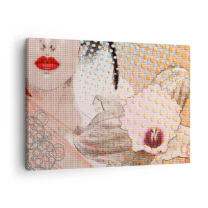 Obraz na plátně - Abstraktní umělecké dílo s motivem úst a orchideje - 70x50cm - Komiksový heroin - Moderní nástěnná dekorace do obývacího pokoje a ložnice ARTTOR