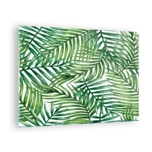 Obraz na skle - Zelené palmové listy na bílém pozadí vytvářející geometrický vzor - 70x50cm - Pod zeleným baldachýnem - Moderní nástěnná dekorace do obývacího pokoje a ložnice ARTTOR