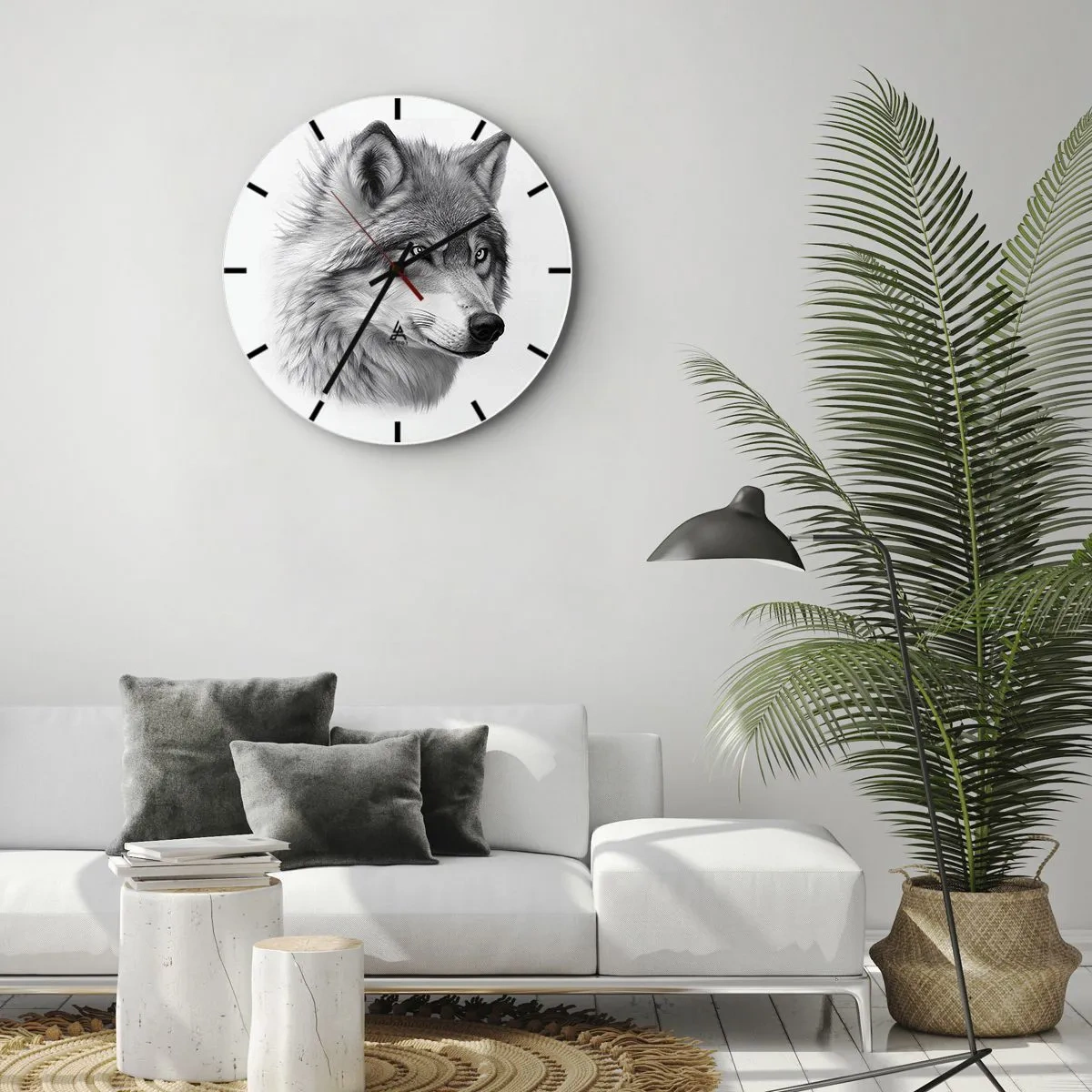 Nástěnné hodiny - Černobílý portrét vlka s pronikavým pohledem. - 30x30cm - Alfa – bezpochybně - Moderní nástěnná dekorace do obývacího pokoje, kuchyně a ložnice ARTTOR