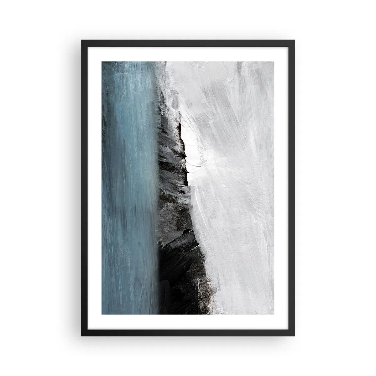 Plakát v černém rámu - Abstraktní kompozice skalnatého pobřeží a oceánu - 50x70cm - Voda – země: střet živlů - Moderní nástěnná dekorace do obývacího pokoje a ložnice ARTTOR