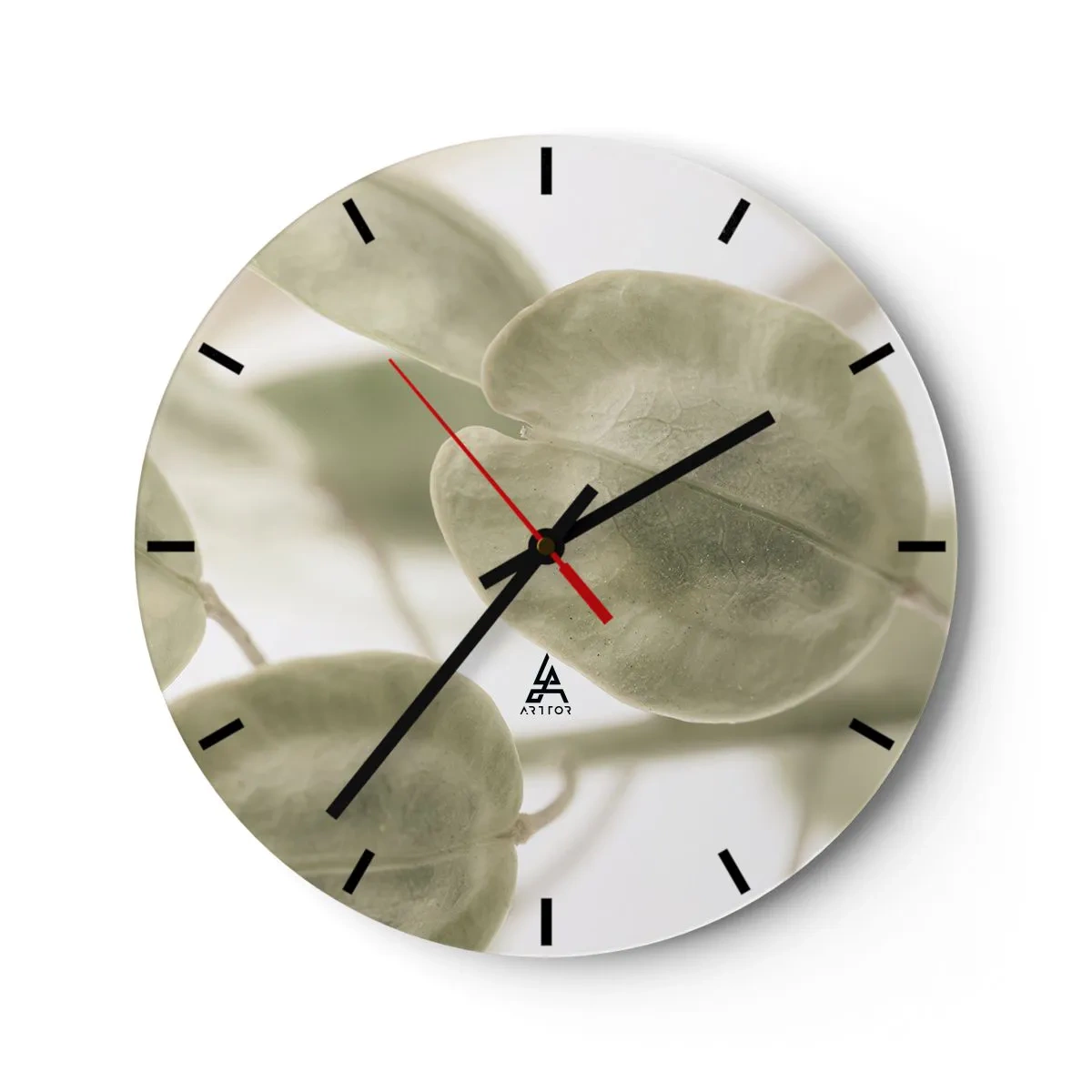 Nástěnné hodiny - Jemné pastelově zelené listy na světlém pozadí - 30x30cm - Na začátku bylo listí… - Moderní nástěnná dekorace do obývacího pokoje, kuchyně a ložnice ARTTOR