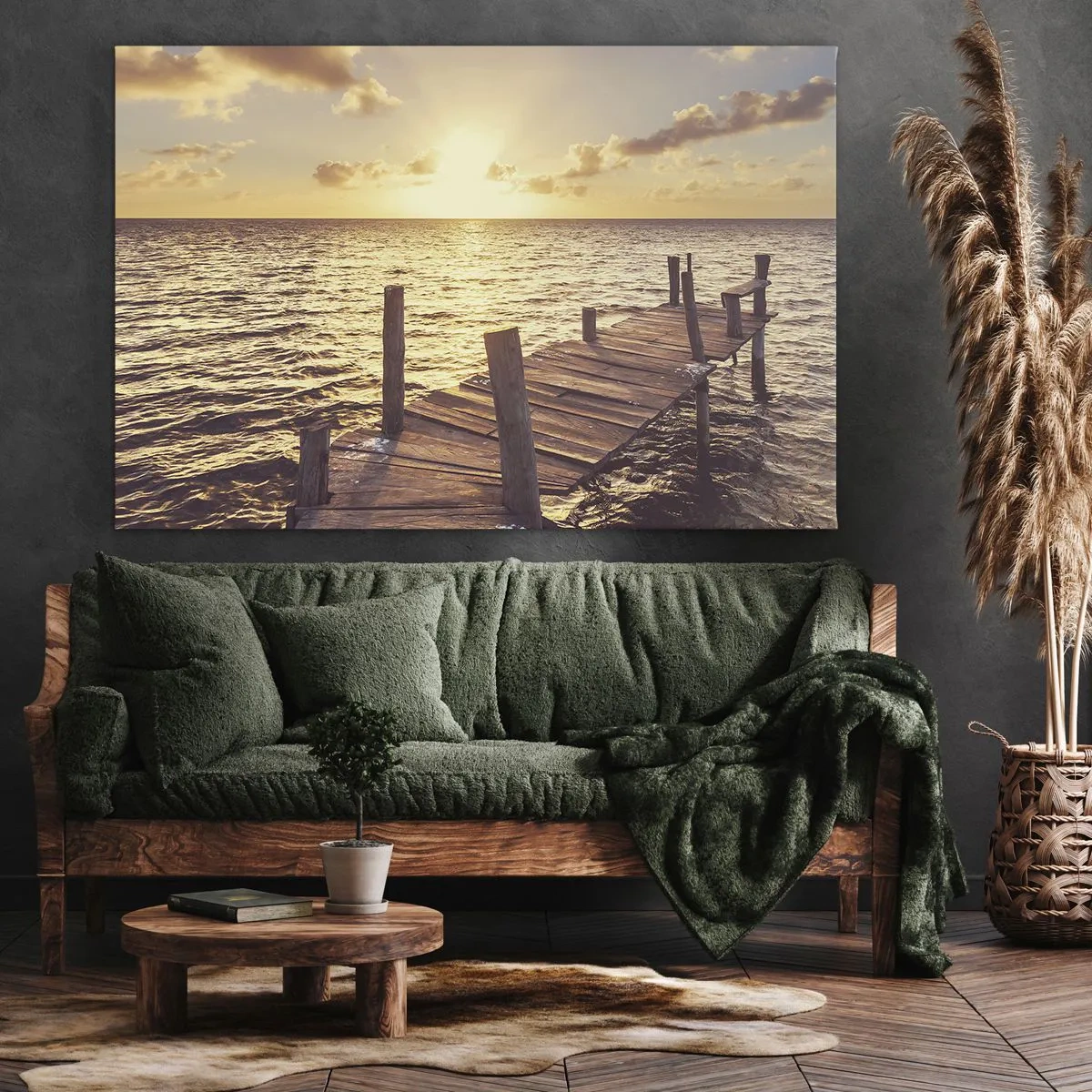 Obraz na plátně - Dřevěné molo vedoucí k západu slunce - 70x50cm - Zlatá země laskavosti - Moderní nástěnná dekorace do obývacího pokoje a ložnice ARTTOR