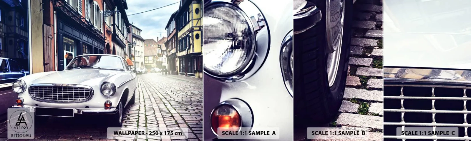 Vzor Fototapety Samolepicí Deluxe Sticker - Minulost je dnes - Historické auto, Město, Francie - 100x30 cm