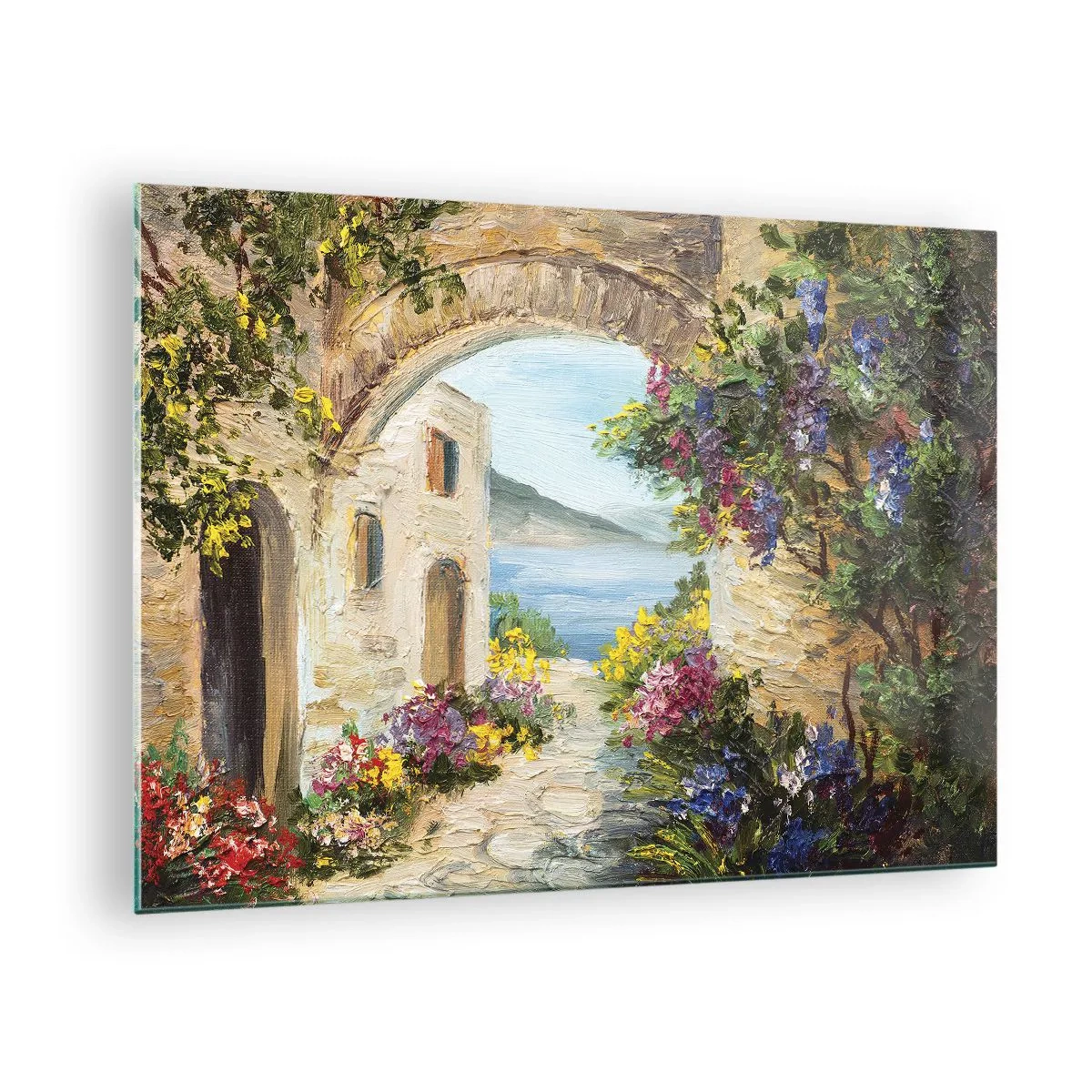 Obraz na skle - Malebná ulice s výhledem na jezero - 70x50cm - Půvab pobřežní krajiny - Moderní nástěnná dekorace do obývacího pokoje a ložnice ARTTOR