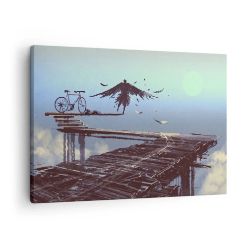 Obraz na plátně - Postava s peřím se vznáší nad dřevěným mostem vedle kola. - 70x50cm - Ikaros věčně živý - Moderní nástěnná dekorace do obývacího pokoje a ložnice ARTTOR