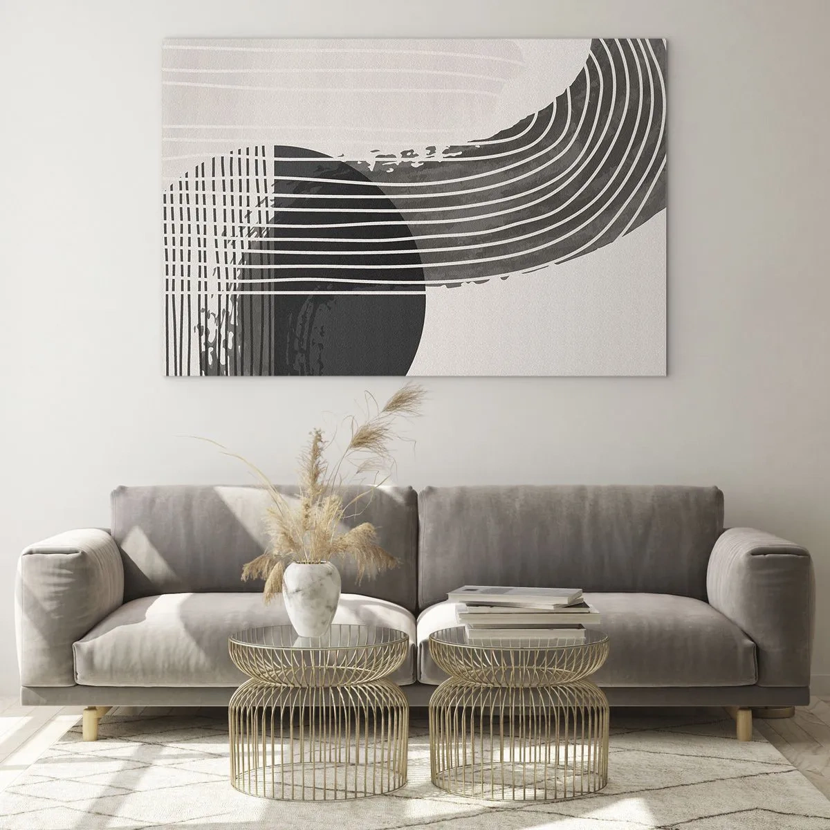 Obraz na skle - Černobílá abstrakce s čarami a geometrickými tvary - 70x50cm - Tam a zpět - Moderní nástěnná dekorace do obývacího pokoje a ložnice ARTTOR
