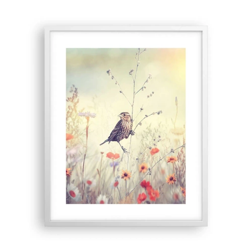 Plakát v bílém rámu - Portrét ptáka s loukou v pozadí - 40x50 cm