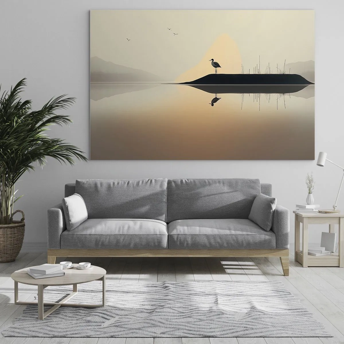 Obraz na skle - Volavka stojící na ostrově v klidných vodách jezera - 70x50cm - Pán na jezeře - Moderní nástěnná dekorace do obývacího pokoje a ložnice ARTTOR