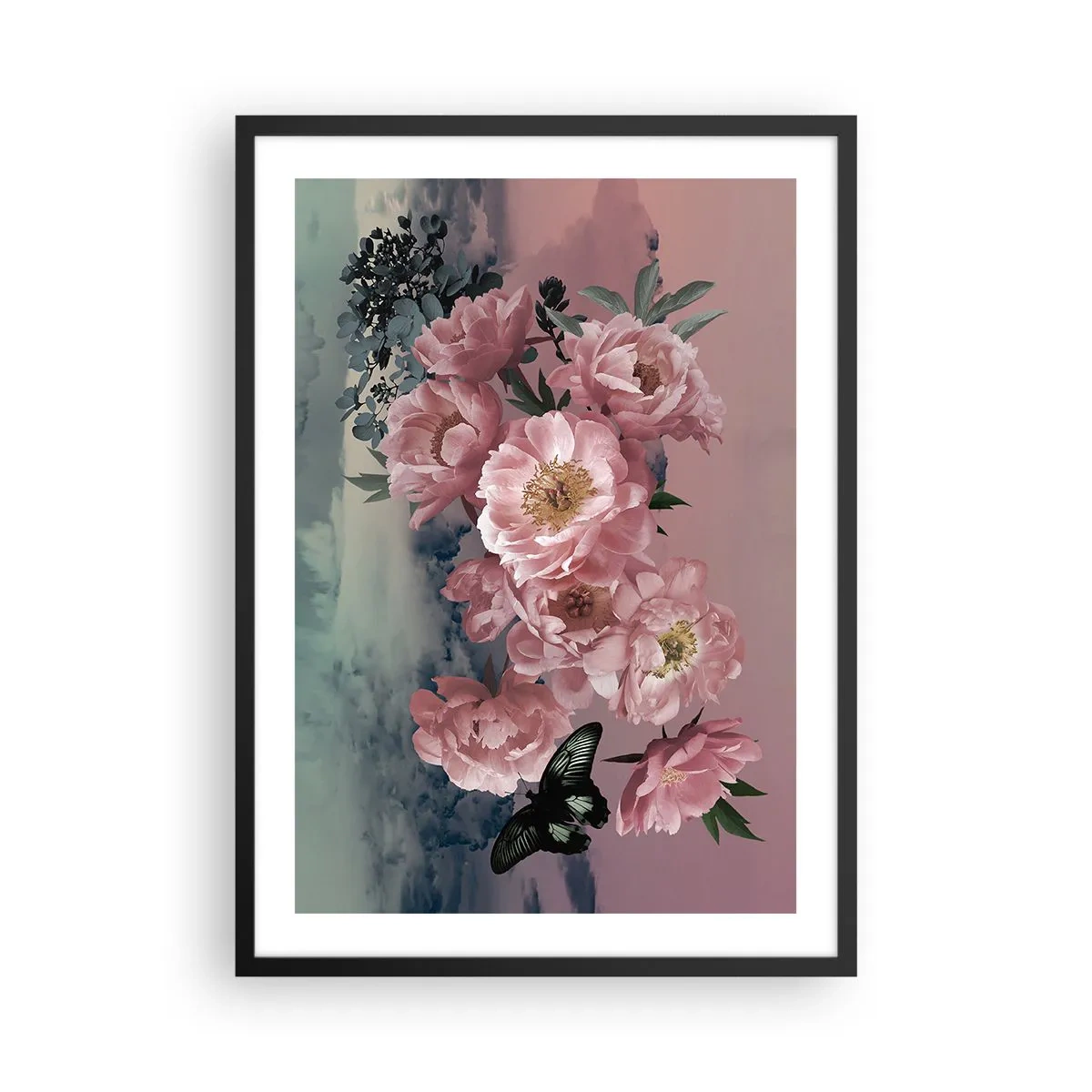 Plakát v černém rámu - Romantická kompozice květin a motýla v pastelových barvách. - 50x70cm - Vrchol romantismu - Moderní nástěnná dekorace do obývacího pokoje a ložnice ARTTOR