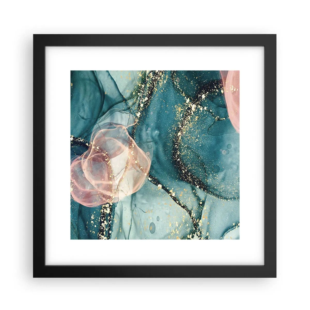 Plakát v černém rámu - Modré hedvábí modré, růžový tyl - 30x30 cm