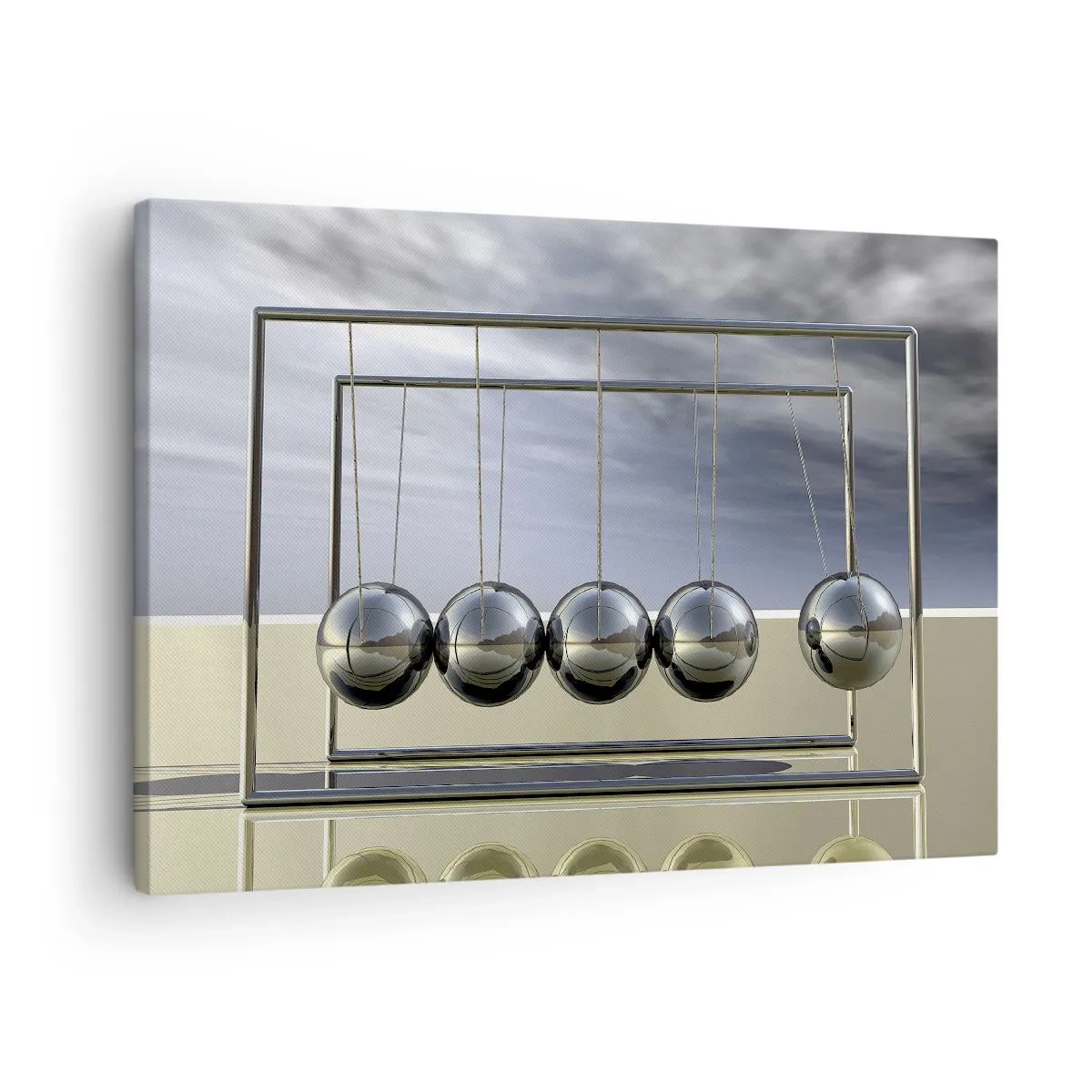 Obraz na plátně - Newtonovy koule v minimalistickém prostředí se světelnými odrazy - 70x50cm - Energie světa - Moderní nástěnná dekorace do obývacího pokoje a ložnice ARTTOR
