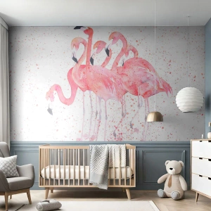 Fototapeta Standard Eco - Akvarelové plameňáci na bílém pozadí v jemných pastelových barvách - 100x70cm - Růžový ansámbl - Moderní nástěnná dekorace do obývacího pokoje a ložnice ARTTOR