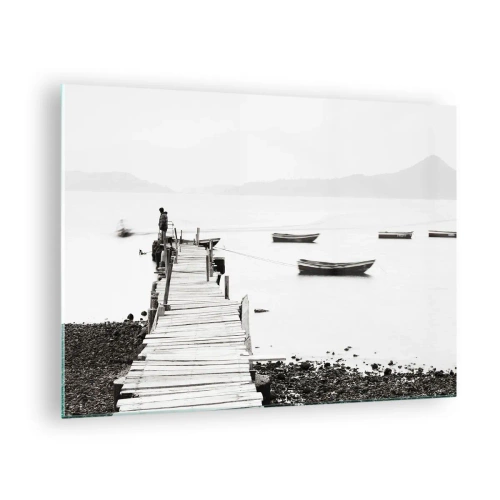Obraz na skle - Černobílý pohled na dřevěné molo nad jezerem - 70x50cm - U tiché a čisté vody - Moderní nástěnná dekorace do obývacího pokoje a ložnice ARTTOR